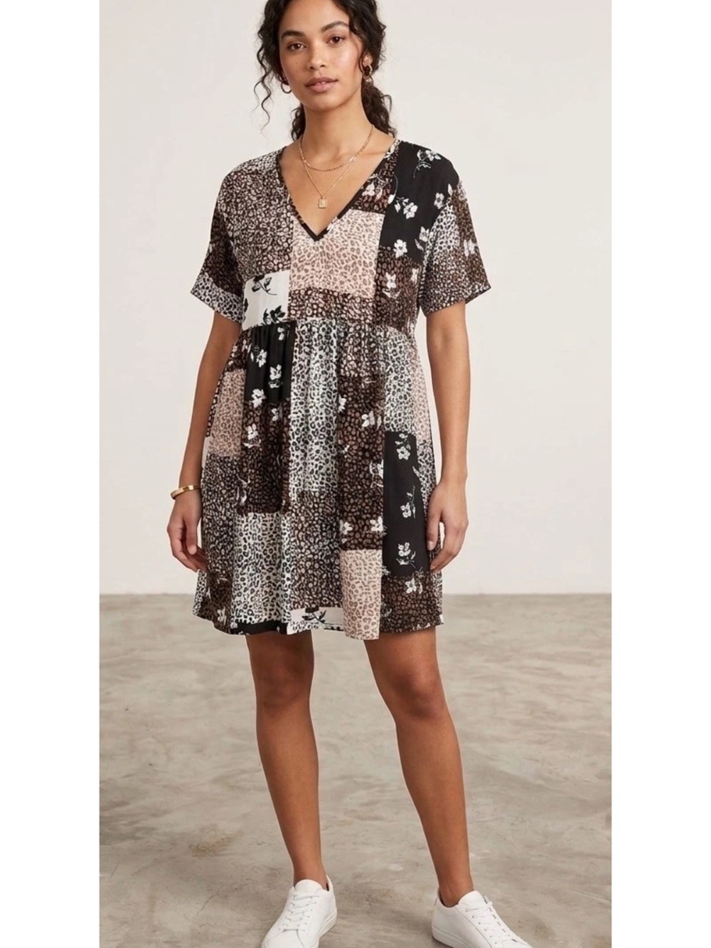 Hiatus V-Neck Patchwork Mini Dress in Brown
